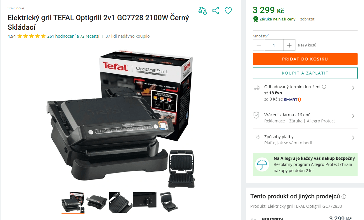 El. gril Tefal, 9 prg, 30x20 cm