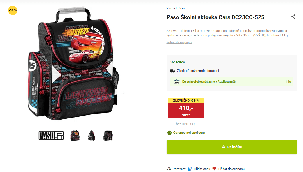 Školní aktovka Paso Cars 15 l., 1 kg